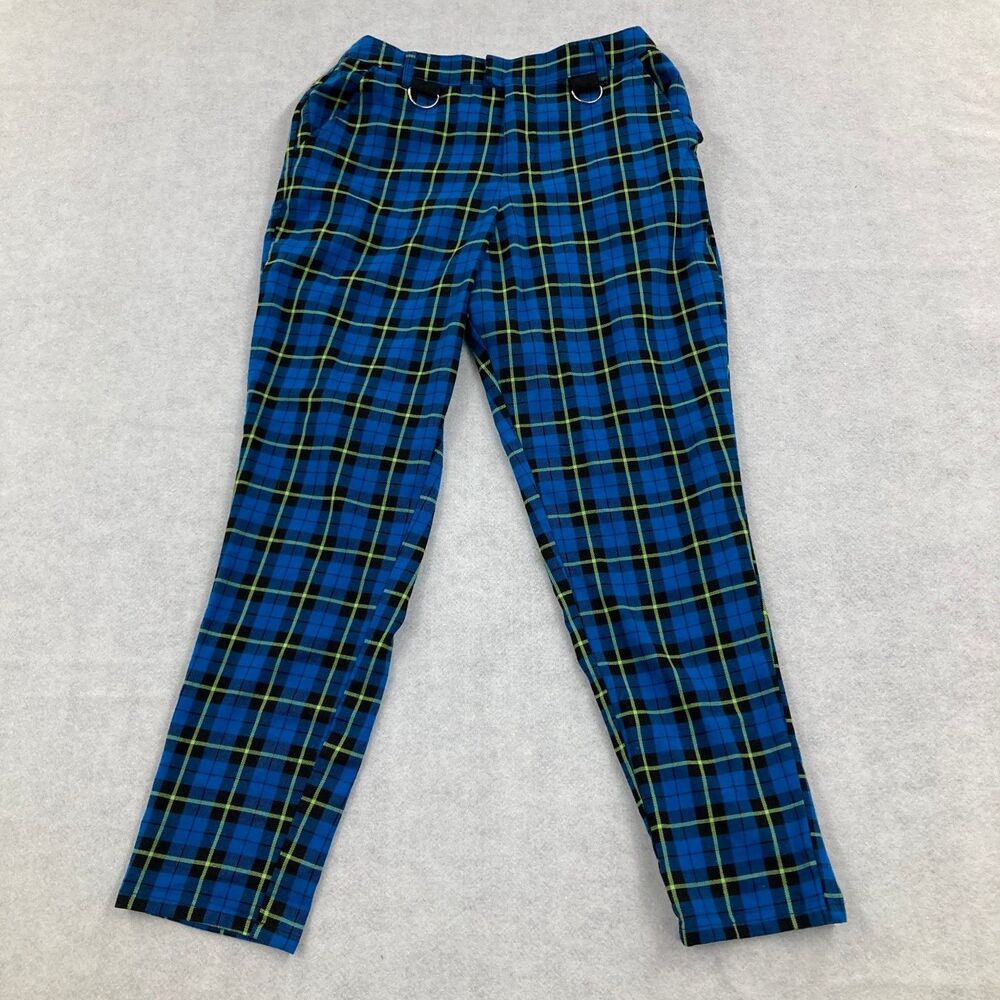 Hot Topic Womens Blue Black Neon Plaid Pants Size L Large D-Ring Punk Goth Emo